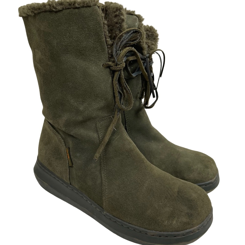Vintage Rocket Dog Suede Faux Fur Trim Mid-Calf Boots 9 Y2K Olive Green Lace‎ Up